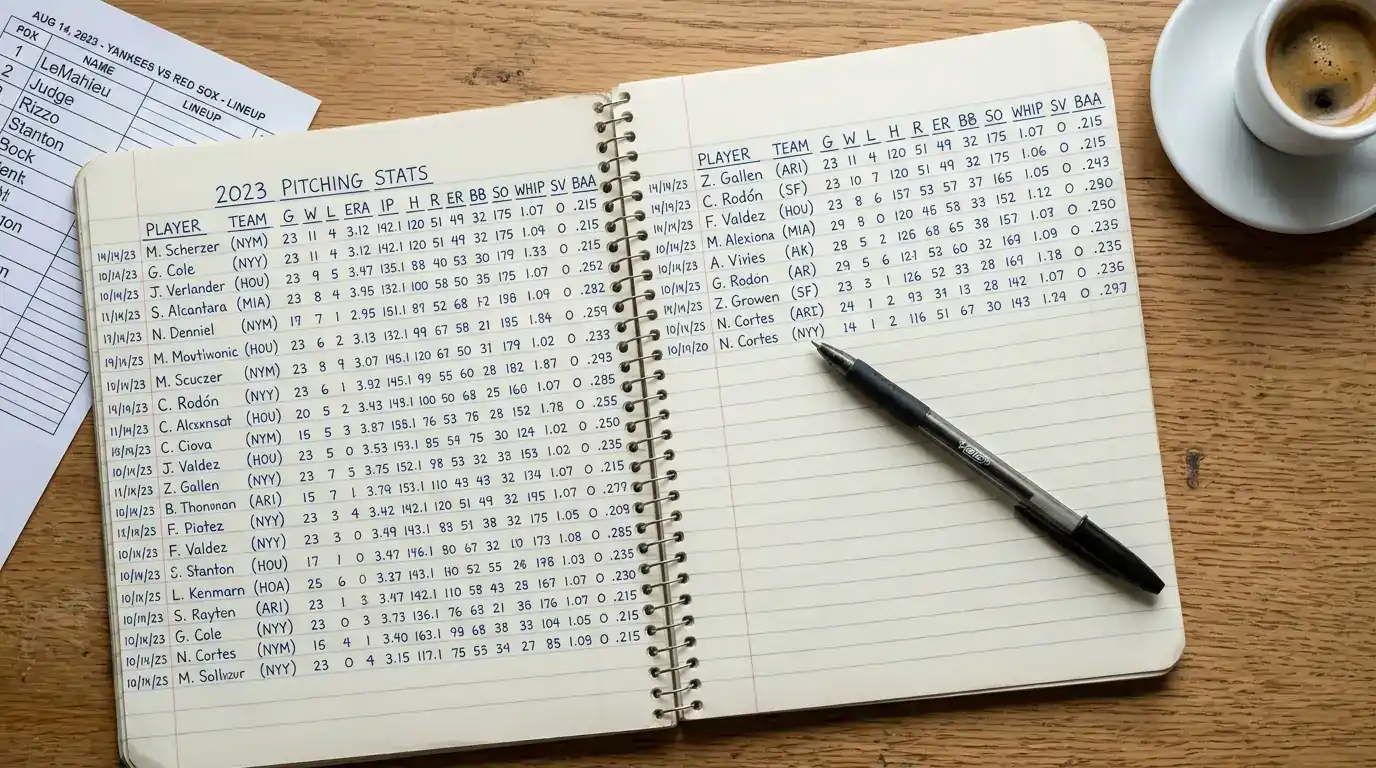 Open notebook with handwritten MLB pitcher stats and a pen resting on a wooden desk