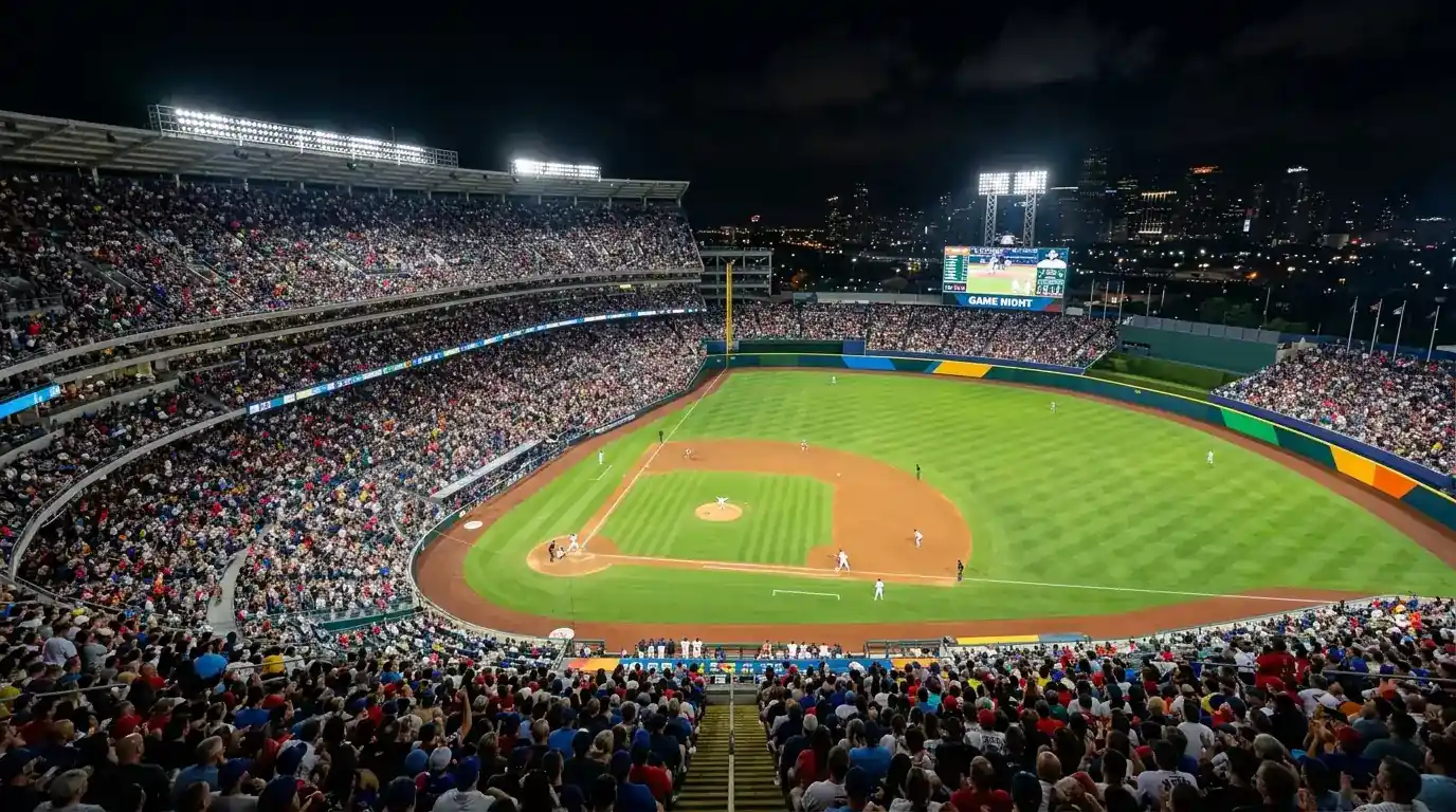 Aerial view of a packed MLB stadium with the diamond and outfield visible under floodlights