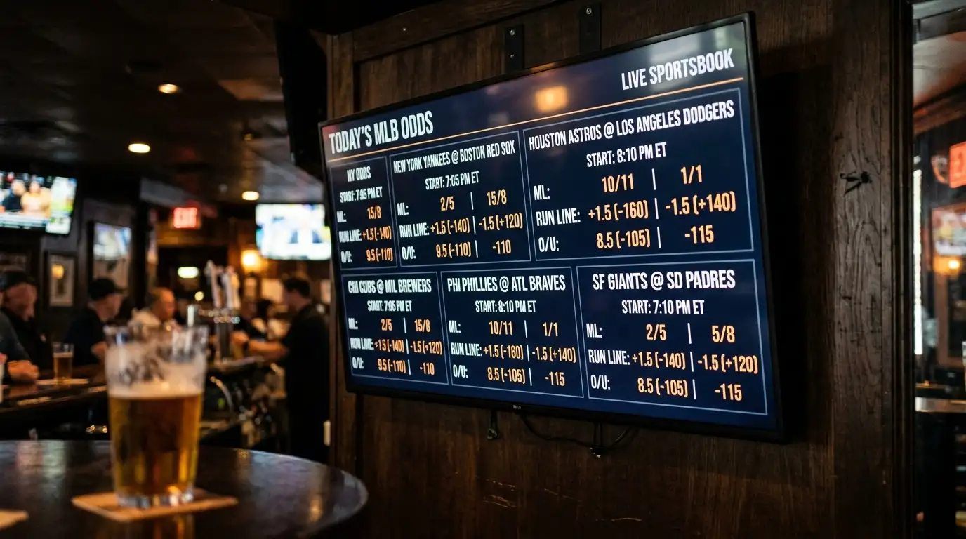 Close-up of a sportsbook odds board displaying fractional MLB moneyline and run line prices