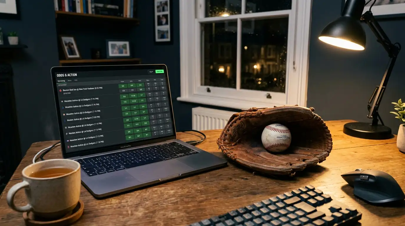 Laptop screen showing MLB odds on a UK sportsbook website with a baseball glove beside it