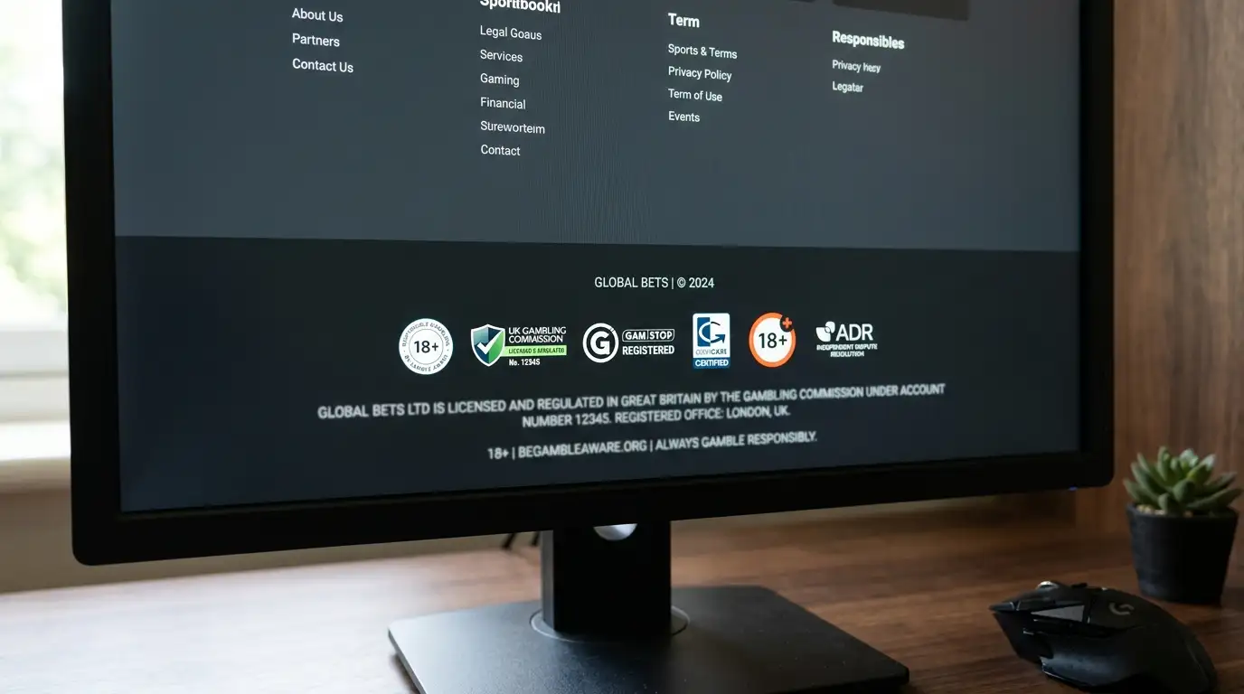 Close-up of a UKGC licence badge displayed on a sportsbook website footer next to responsible gambling logos